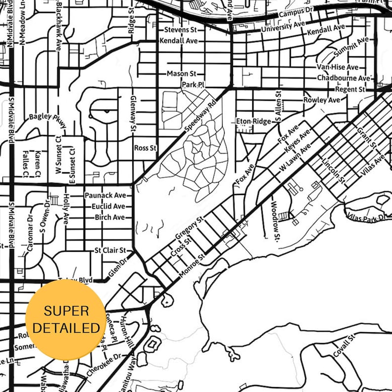 May include: A black and white street map illustration featuring a grid of roads and neighborhood blocks. A circular yellow badge with the black text SUPER DETAILED is overlaid on the lower left section of the map, highlighting the layout.