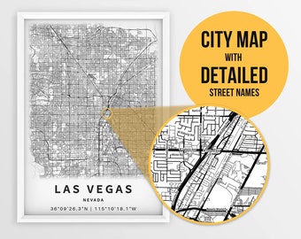 Printable Map of Las Vegas, Nevada with Street Names - Instant Download \ City Map \ Travel Gift \ City Poster \ Road Map Print \ Wall Art