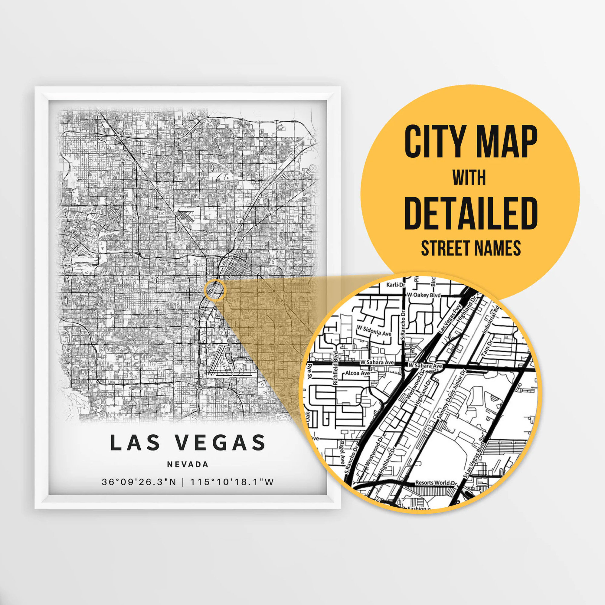 Printable Map of Las Vegas, Nevada with Street Names - Instant Download \ City Map \ Travel Gift \ City Poster \ Road Map Print \ Wall Art
