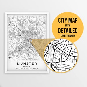 Mapa imprimible de Münster, Renania del Norte-Westfalia, Alemania con nombres de calles - Descarga instantánea \ Mapa de la ciudad \ Cartel de la ciudad \ Impresión de mapa de carreteras