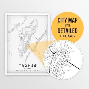 Druckbare Karte von Tromsø, Norwegen mit Straßennamen - direkter Download \ Stadt Karte ~ Reise Geschenk ~ Poster ~ Strassen Karte