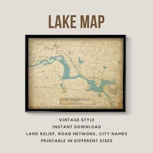Mapa de estilo vintage imprimible del lago Dardanelle, Arkansas, EE. UU. con nombres de ciudades - Descarga instantánea \ Mapa del lago \ Arte de la pared \ Mapa rústico