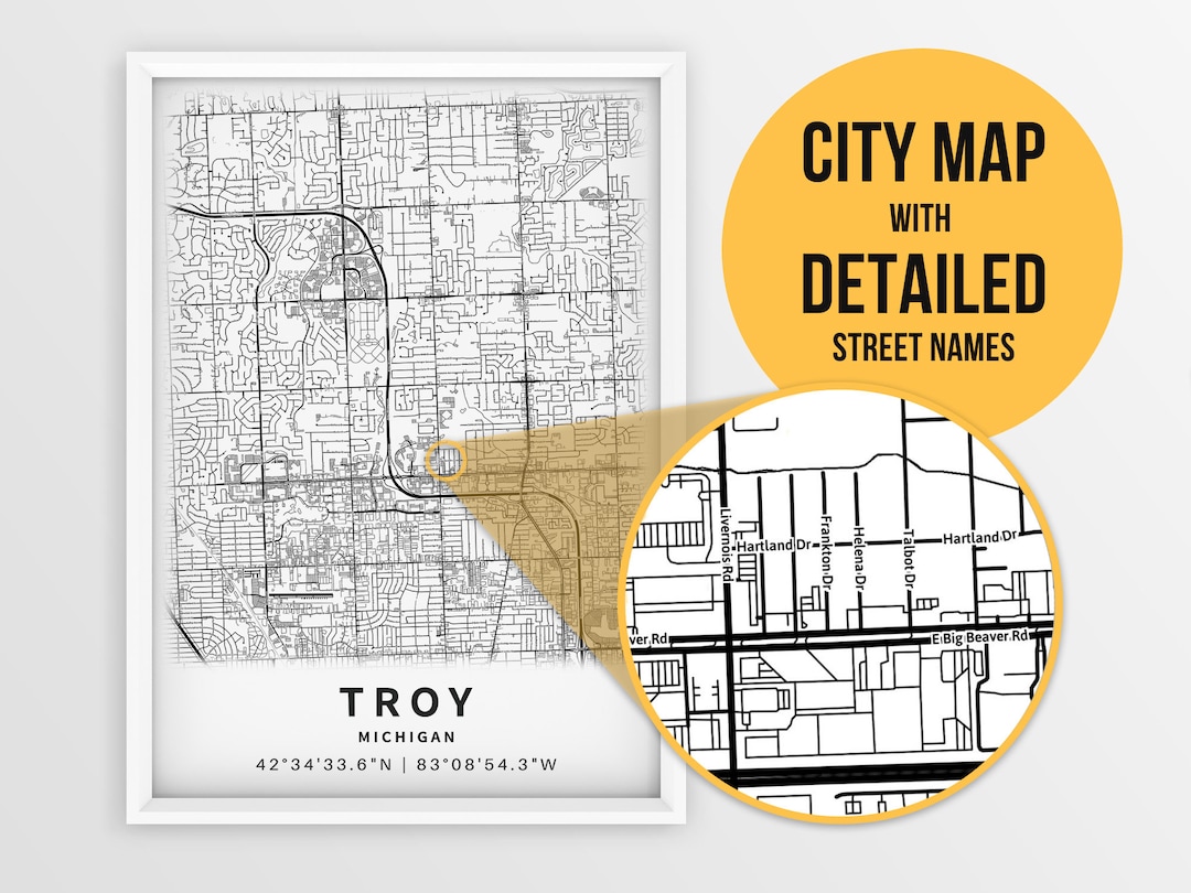 Printable Map of Troy MI With Street Names Michigan USA City Etsy