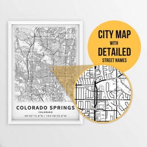 Mapa para impressão de Colorado Springs, Colorado, EUA com nomes de ruas - download instantâneo \ Mapa da cidade \ Presente de viagem \ Cartaz da cidade \ Mapa de estradas