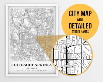 Printable Map of Colorado Springs, Colorado, USA with Street Names - Instant Download \ City Map \ Travel Gift \ City Poster \ Road Map