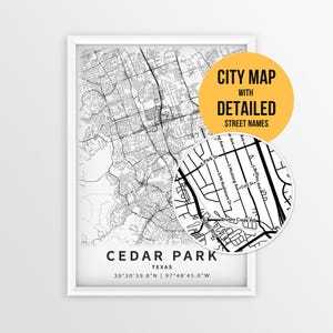 Może przedstawiać: Oprawiona czarno-biała mapa Cedar Park w Teksasie z nazwami ulic i współrzędnymi. Okrągły wstawka pokazuje powiększony widok siatki ulic. Tekst brzmi CITY MAP WITH DETAILED STREET NAMES, CEDAR PARK, TEXAS, 30°30'39.8"N | 97°48'45.0"W.
