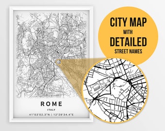 Druckbare Karte von Rom, Italien mit Straßennamen - Sofort Download \ City Map \ Travel Gift \ City Poster \ Road Map Print \ Street Map
