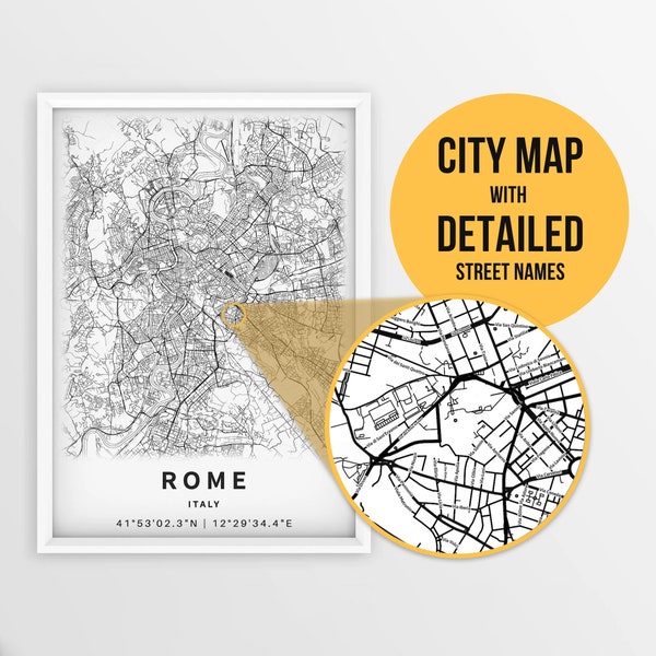 Afdrukbare kaart van Rome, Italië met straatnamen - Instant Download \ Stadsplattegrond \ Reiscadeau \ Stadsposter \ Wegenkaart afdrukken \ Stratenplan