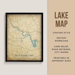Carte de style vintage de Blue Marsh Lake, Pennsylvanie, États-Unis avec les noms de villes - téléchargement immédiat \ carte du lac \ art mural \ impression de carte \ Lake House