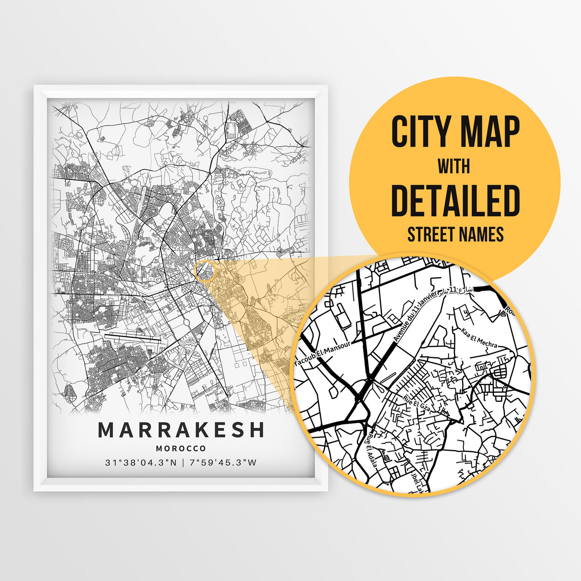 Marrakech Names Printable Map of Marrakesh, Morocco With Street Names - Instant ...