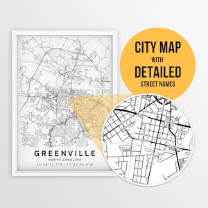 Druckbare Karte von Greenville, North Carolina, USA mit Straßennamen - sofortiger Download ~ Karte ~ ~ Strassenkarte ~ Strassenkarte