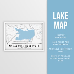 Mapa imprimible del embalse de Manasquan, Nueva Jersey, EE. UU. - Descarga instantánea \ Mapa del lago \ Cartel del mapa \ Decoración de la casa del lago \ Pesca \ Paseos en bote