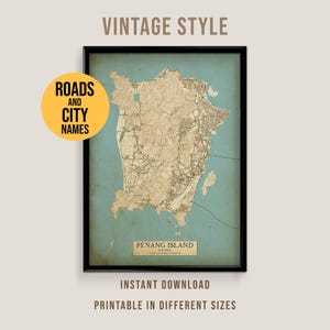 Penang Island, Malaysia Vintage Style Map, Printable George Town Poster (Instant Download)