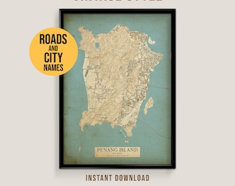 Penang Island, Malaysia Vintage Style Map, Printable George Town Poster (Instant Download)
