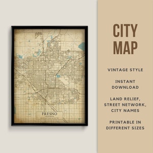 Mapa de estilo vintage imprimible de Fresno, California, EE. UU. - Descarga instantánea \ Mapa de calles \ Cartel de mapa \ Antiguo \ Impresión de mapa \ Regalo de Fresno