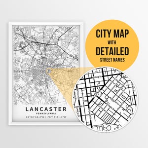 Lancaster, Pennsylvania, USA Karte mit Strassennamen zum Downloaden ~ Stadt Karte ~ ~ Stadt Poster ~ Strassen Karte Print