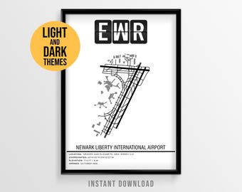 Newark Liberty Airport Poster, EWR Airport Runway Map, New Jersey Aviation Art (Instant Download)