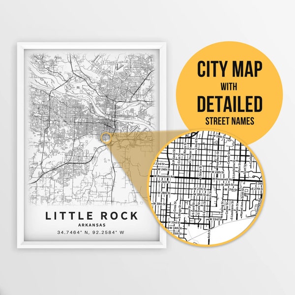 Printable Map of Little Rock, Arkansas, USA with Street Names - Instant Download \ City Map \ Travel Gift \ City Poster \ Road Map Print