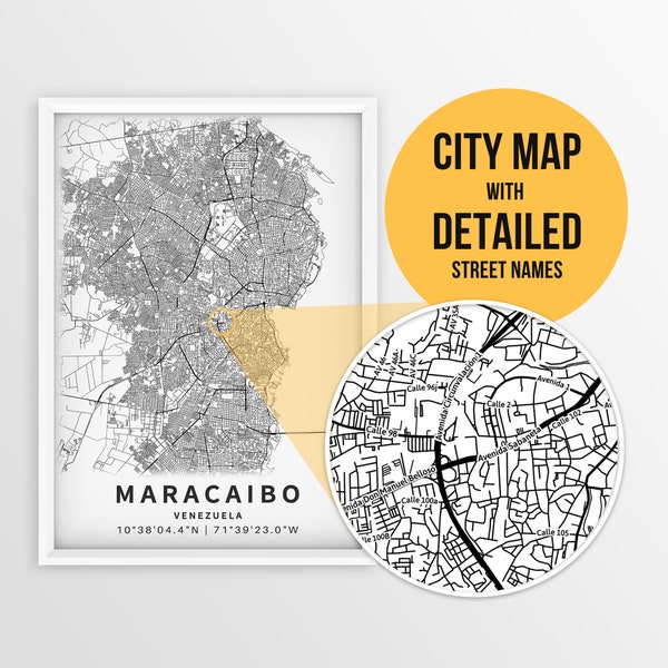 Printable Map of Maracaibo, Venezuela with Street Names - Instant Download \ City Map \ Travel Gift \ City Poster \ Road Map \ Wall Art