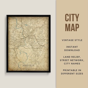 Vintage Style Map of Asheville, North Carolina, USA - Instant Download \ Street Map \ Wall Art \ Map Poster \ Antique Style \ Map Print