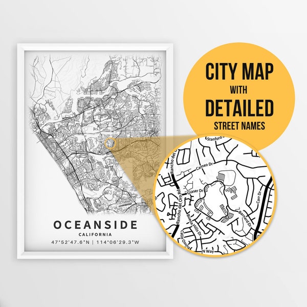 Printable Map of Oceanside, California, USA with Street Names - Instant Download \ City Map \ Travel Gift \ City Poster \ Road Map Print