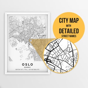 Druckbare Karte von Oslo, Norwegen mit Straßennamen - Sofort Download \ City Map \ Travel Gift \ City Poster \ Road Map Print \ Street Map