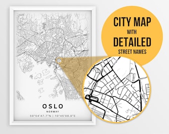 Afdrukbare kaart van Oslo, Noorwegen met straatnamen - Instant Download \ Stadsplattegrond \ Reiscadeau \ Stadsposter \ Wegenkaart afdrukken \ Stratenplan