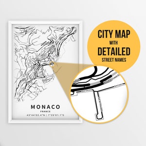 Druckbare Karte von Monaco, Frankreich mit Straßennamen - Sofort Download \ City Map \ Travel Gift \ City Poster \ Road Map Print \ Street Map