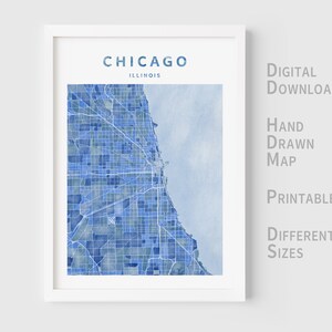 Druckbare Aquarell Karte von Chicago, Illinois, USA - Sofortiger Download \ Stadtplan \ Wandkunst \ Handgezeichnet
