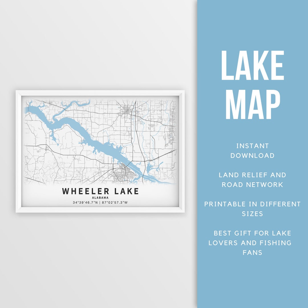 Printable Map of Wheeler Lake, Alabama, US Instant Download Lake Map