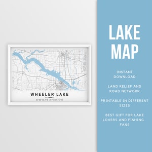 Afdrukbare kaart van Wheeler Lake, Alabama, VS - Instant Download \ Lake Map \ Map Poster \ Lake House Decor \ LakeLife \ Fishing \ Varen