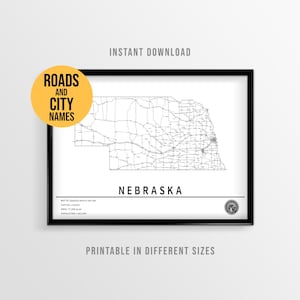 Nebraska State Map Poster, Printable USA Road Map with City Names (Instant Download)