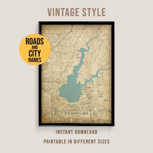 Folsom Lake Vintage Style Map, Printable California Lake House Poster (Instant Download)