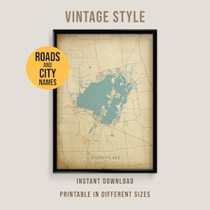 Indian Lake Vintage Style Map, Printable Ohio Lake House Poster (Instant Download)