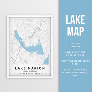Mapa imprimible del lago Marion, Carolina del Sur, EE. UU. - Descarga instantánea \ Mapa del lago \ Cartel del mapa \ Decoración de la casa del lago \ LakeLife \ Pesca \ Navegación