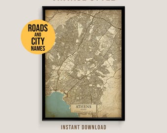Mapa vintage de Atenas, Georgia. Póster imprimible de la ciudad de Atenas (descarga instantánea).