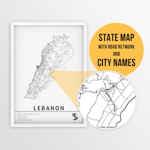 Carte imprimable du Liban avec les noms des villes et des routes - téléchargement immédiat \ carte du pays \ art de la carte \ carte à épingles \ organisateur de voyage \ cadeau Liban