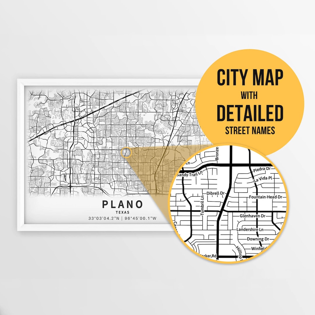 Printable Map of Plano, Texas, USA With Street Names Instant Download