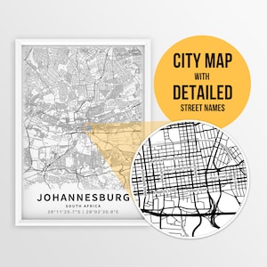 Druckbare Karte von Johannesburg, Südafrika mit Straßennamen - sofortiger Download ~ Karte ~ ~ Stadt Karte ~ ~ Stadt Poster ~ Strassenkarte Print