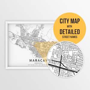Carte imprimable de Maracay, Venezuela avec les noms de rue - téléchargement immédiat \ plan de la ville \ cadeau de voyage \ affiche de la ville \ impression de carte routière \ art mural