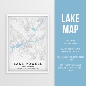 Mappa stampabile del lago Powell, del fiume Colorado, dello Utah e dell'Arizona, Stati Uniti - Download istantaneo \ Mappa del lago \ Arredamento della casa sul lago \ LakeLife \ Pesca