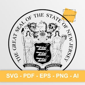 Sceau de l'État du New Jersey, New Jersey Vector Clipart - SVG \ PNG \ PDF \ Téléchargement instantané \ Découpe \ Signe de l'État \ Licence commerciale