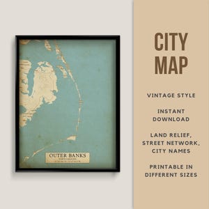 Carte de style vintage des Outer Banks, Caroline du Nord, États-Unis - téléchargement immédiat \ plan des rues \ art mural \ affiche OTX \ style antique \ impression de carte