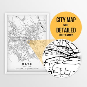 Druckbare Karte Bath, England, Vereinigtes Königreich mit Straßennamen - sofortiger Download ~ Karte ~ ~ Stadt Karte ~ ~ Stadt Poster ~ Karte