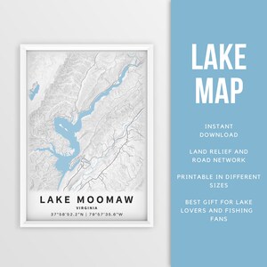 Mapa imprimible del lago Moomaw, río Jackson, Virginia, EE. UU. - Descarga instantánea \ Mapa del lago \ Decoración de la casa del lago \ LakeLife \ Pesca \ Paseos en bote