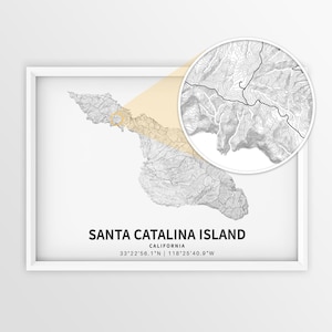 Affiche de carte topographique de l'île de Santa Catalina - Art mural de Californie, carte côtière minimaliste, impression des contours de la carte, téléchargement immédiat, cadeau de voyage
