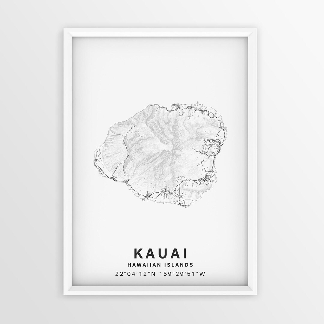 Printable Map of Kauai, Hawaii, USA With City Names Instant Download