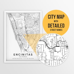 Druckbare Karte von Encinitas, Kalifornien, USA mit Straßennamen - sofortiger Download ~ Karte ~ ~ Strasskarte ~ Strassenkarte