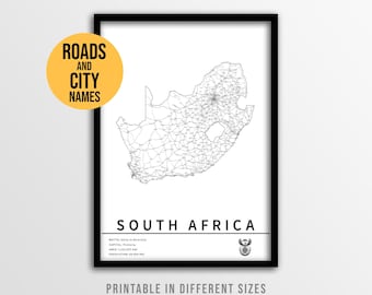 Sydafrika kartposter, utskrivbar vägkarta med stadsnamn (direkt nedladdning)