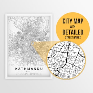 Druckbare Karte von Kathmandu, Nepal mit Straßennamen - Sofort Download \ City Map \ Travel Gift \ City Poster \ Road Map Print